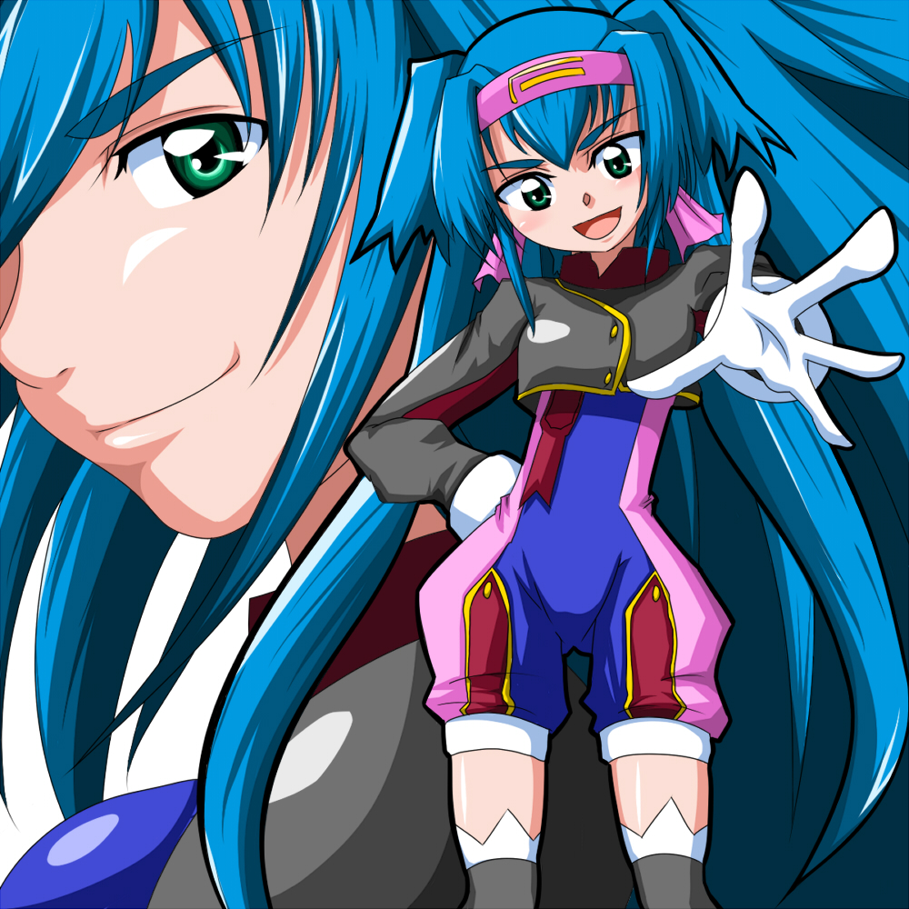 blue_hair, gloves, green_eyes, hand_on_hip, klan_klein, macross, macross_frontier, non, non_(number), thigh-highs, thighhighs, twintails, vector_trace