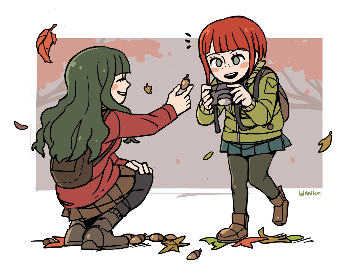 2girls, acorn, backpack, bag, blanko!, blush_stickers, bob_cut, boots