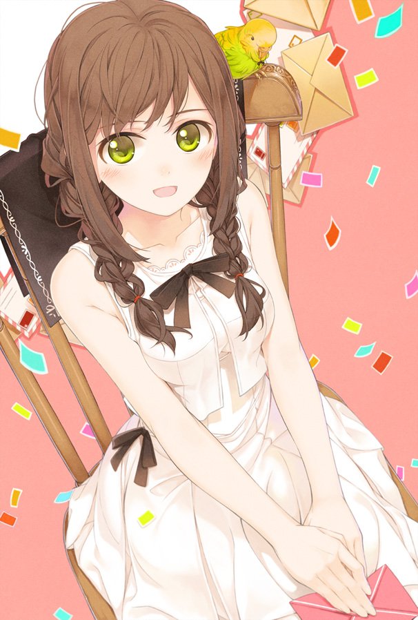 amamiya_chiharu, bird, braid, brown_hair, chair, green_eyes, letter, original