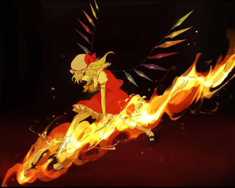 blonde_hair, fire, flandre_scarlet, hat, laevatein, noki_(pixiv363792), nosaki_(pixiv363792), red_eyes