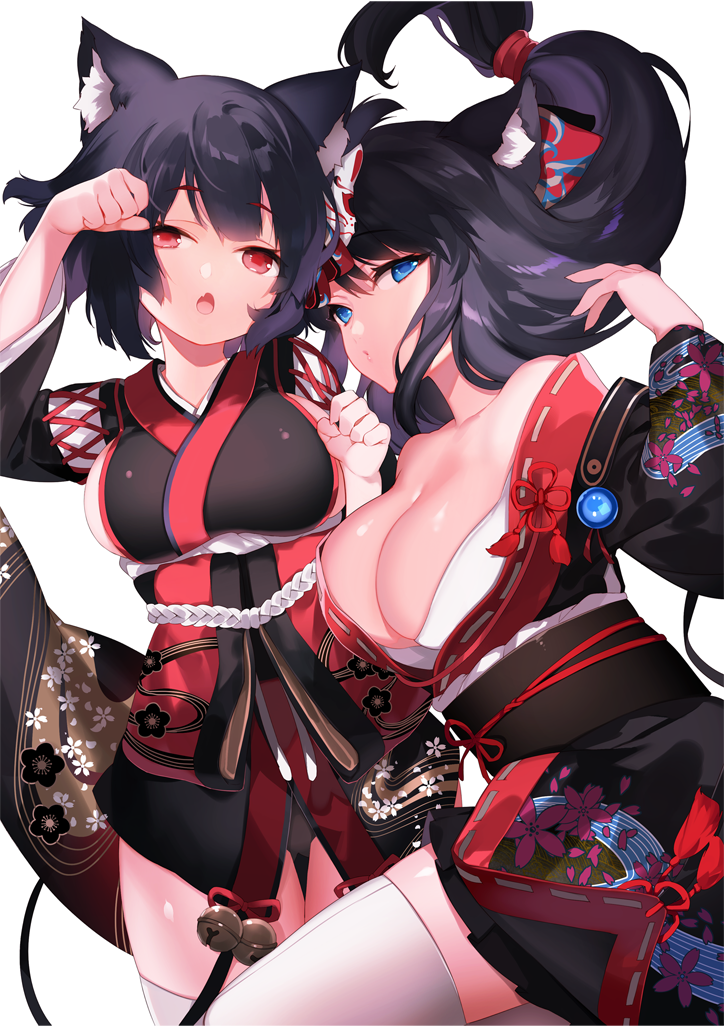 2girls, animal_ears, azur_lane, bangs, black_hair, blue_eyes, blush, breasts