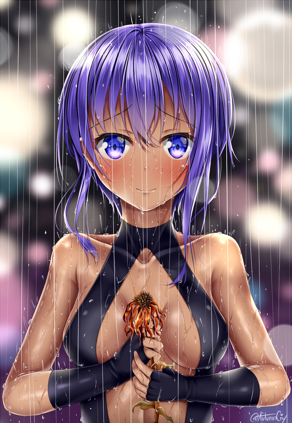 1girl, assassin_(fate/prototype_fragments), black_gloves, blurry, blurry_background, blush, breasts, breasts_apart