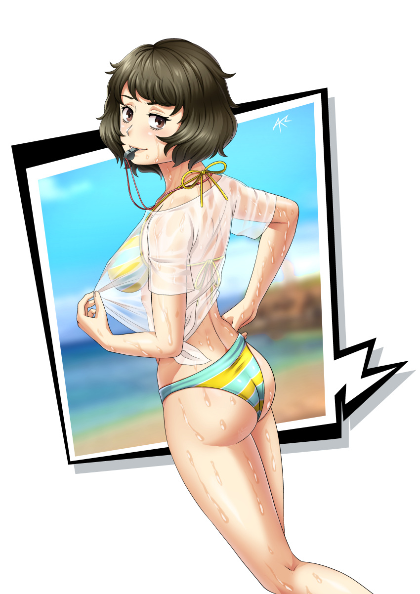 1girl, absurdres, ass, atlus, beach, bikini, bikini_under_clothes, black_hair