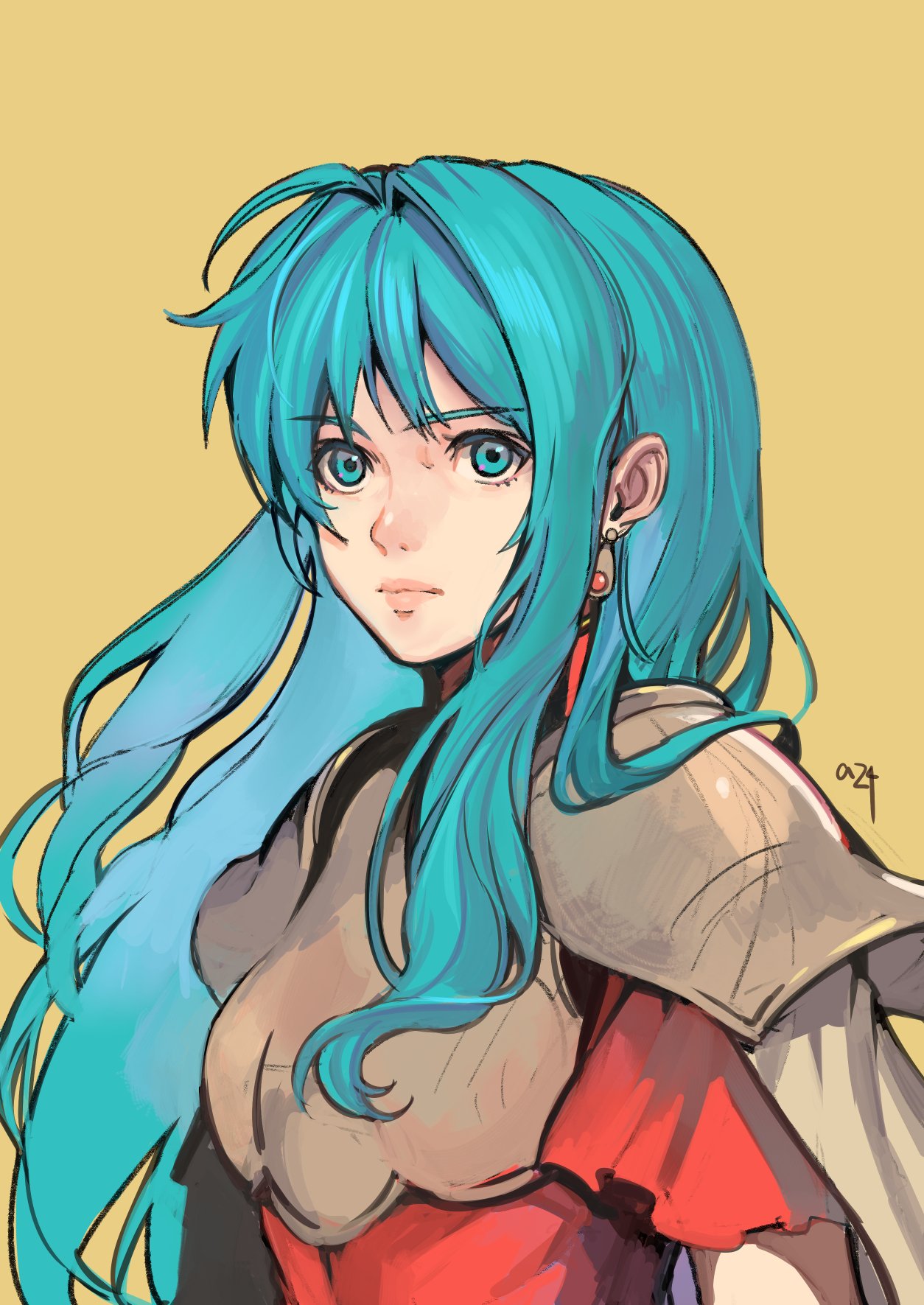 1girl, aqua_hair, armor, aureolin31, blue_eyes, blue_hair, cape, eirika