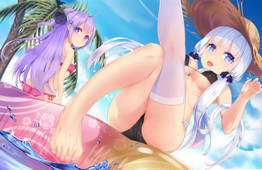 2girls, absurdres, ass, azur_lane, bikini, black_bikini, hat, highres