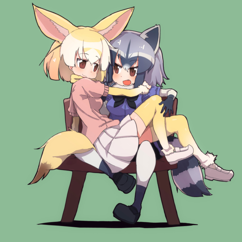 2girls, :d, animal_ears, blonde_hair, brown_eyes, common_raccoon_(kemono_friends), eyebrows_visible_through_hair, fang, fennec_(kemono_friends), fox_ears, fox_tail, green_background, grey_hair, highres, kemono_friends, looking_at_another, medium_hair, multicolored_hair, multiple_girls, open_mouth, pleated_skirt, raccoon_ears, raccoon_tail, simple_background, sitting, sitting_on_lap, sitting_on_person, skirt, smile, striped_tail, tail, teranekosu, thigh-highs, white_hair, white_skirt, yellow_legwear