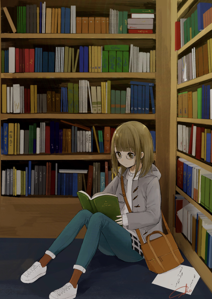 1girl, absurdres, bag, bangs, blue_pants, blunt_bangs, book, bookshelf