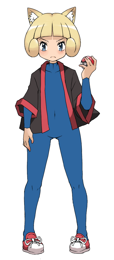 blonde_hair, blue_eyes, cat_ears, frontier_brain, greta, holding, holding_poke_ball, hun