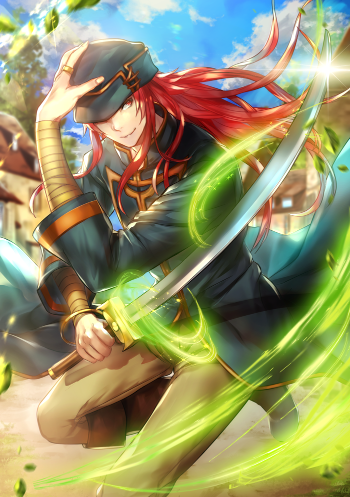1boy, bandage, boots, ekm, fire_emblem, fire_emblem:_seima_no_kouseki, hand_on_headwear, hat
