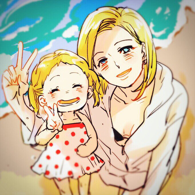 2girls, android_18, beach, blonde_hair, blue_eyes, closed_eyes, dragon_ball, dragonball_z