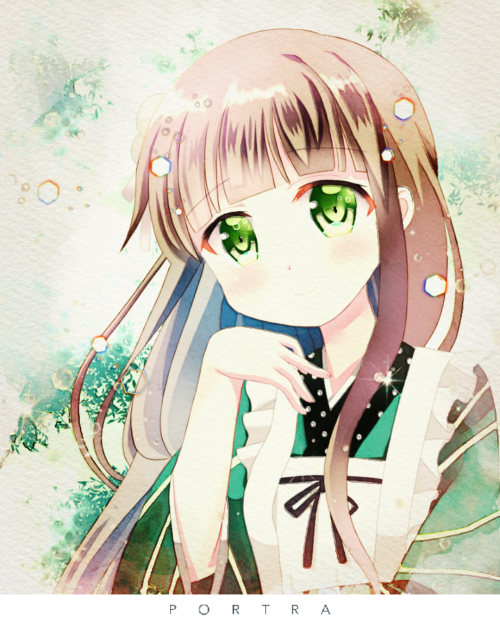 1girl, ama_usa_an_uniform, apron, bangs, blunt_bangs, blush, breasts, brown_hair, closed_mouth, commentary_request, eyebrows_visible_through_hair, gochuumon_wa_usagi_desu_ka?, green_eyes, green_kimono, head_tilt, japanese_clothes, kimono, long_hair, long_sleeves, looking_at_viewer, maid_apron, polka_dot_trim, portrait, potato0805, small_breasts, smile, solo, striped, striped_kimono, two-tone_background, ujimatsu_chiya, white_apron, wide_sleeves