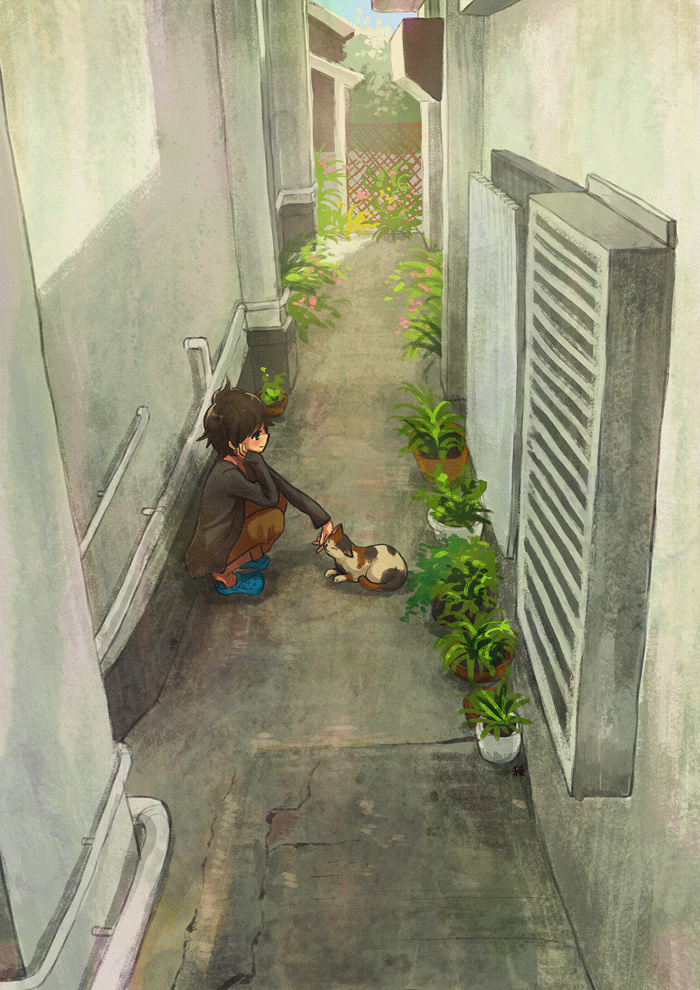 1girl, ahoge, air_conditioner, alley, black_eyes, blue_footwear, brown_cardigan, brown_hair
