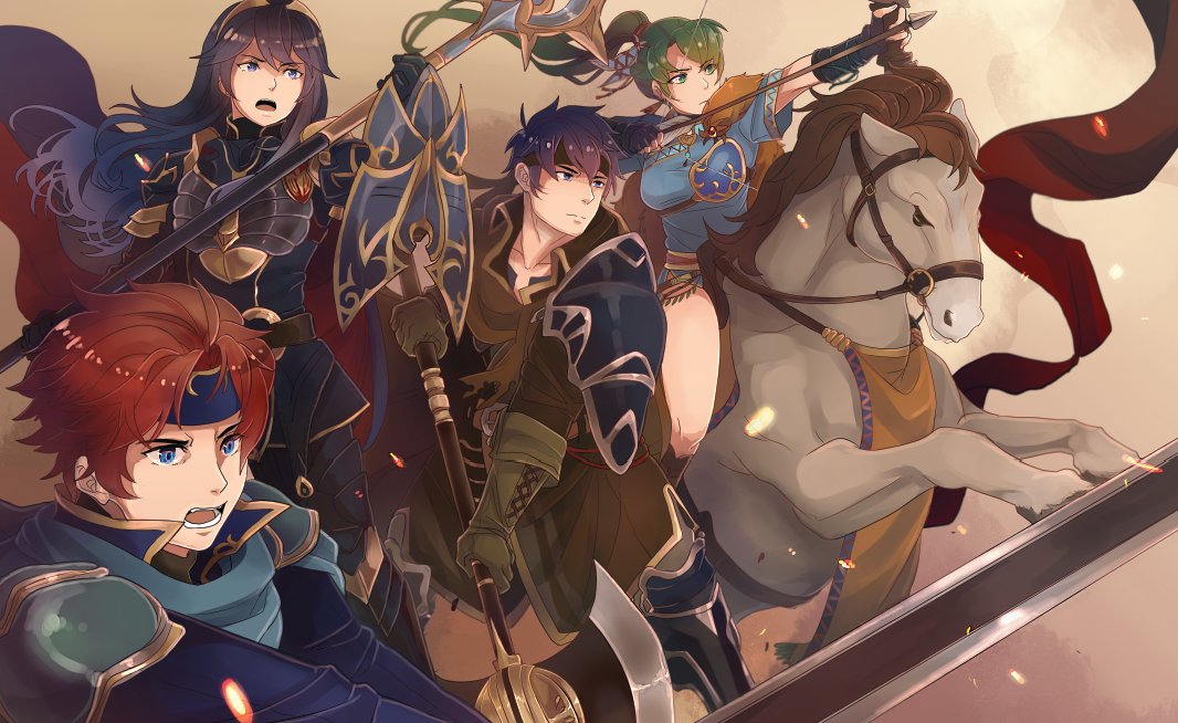 2boys, 2girls, armor, axe, blue_eyes, blue_hair, bow_(weapon), cape