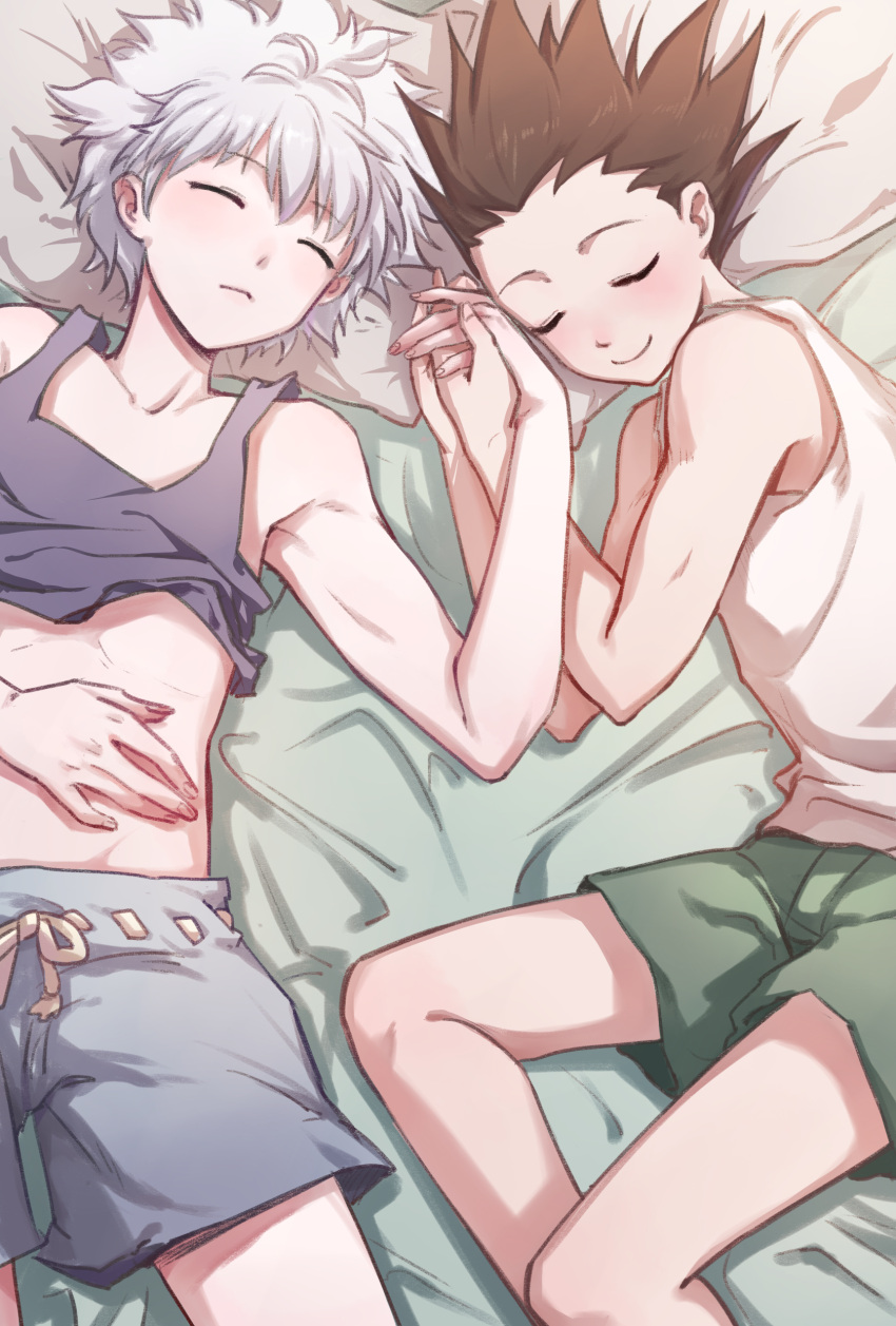 2boys, absurdres, closed_eyes, gon_freecss, hand_holding, highres, hunter_x_hunter, killua_zoldyck