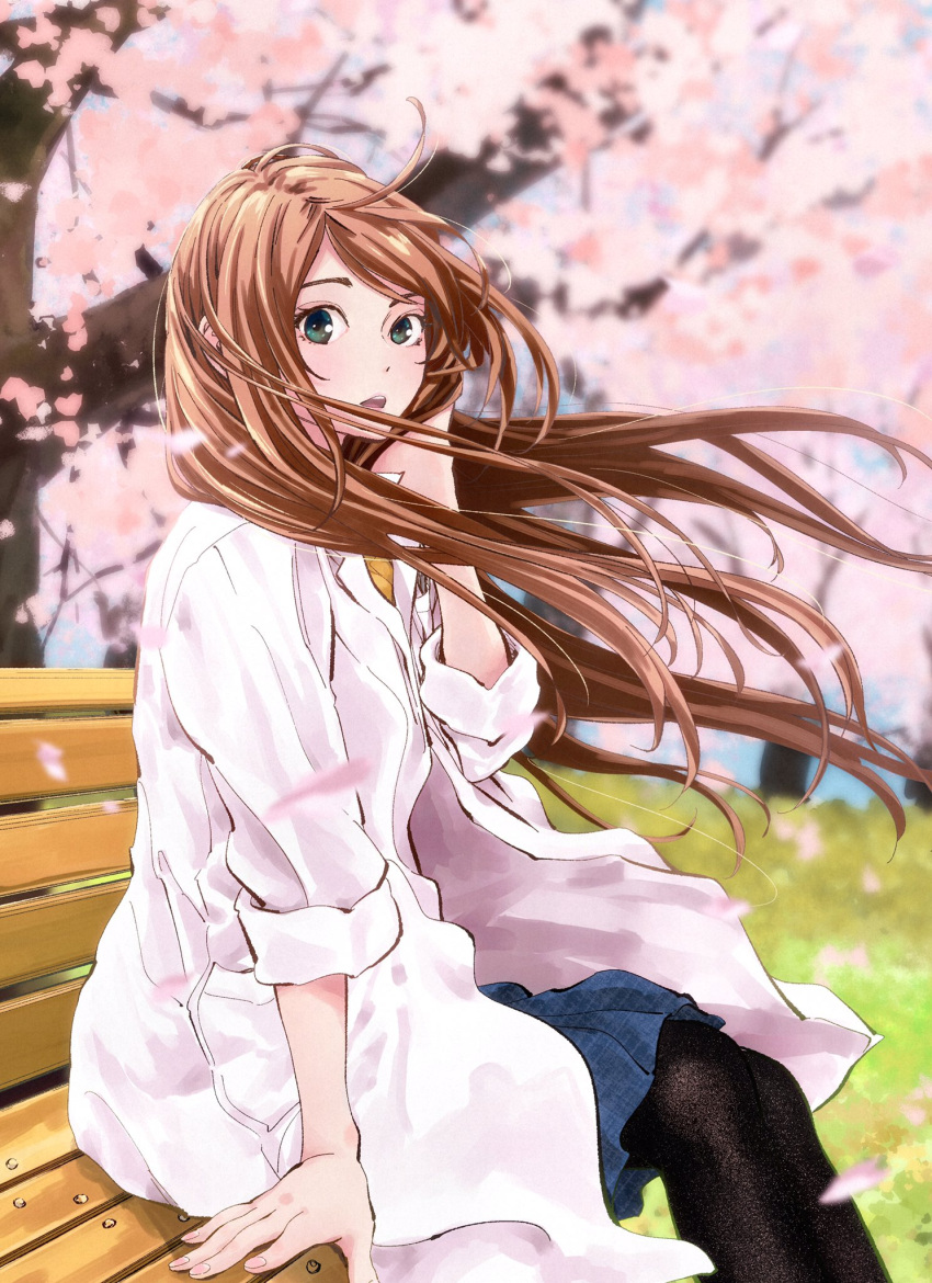 1girl, amakasu_an, bench, blurry, blurry_background, brown_hair, cherry_blossoms, highres