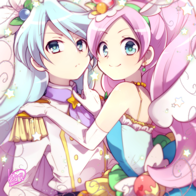 1boy, 1girl, blue_eyes, blue_hair, brother_and_sister, cape, closed_mouth, cravat