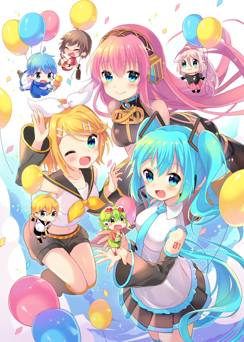 2boys, 6+girls, :d, ;d, ahoge, arm_up, balloon, bangs