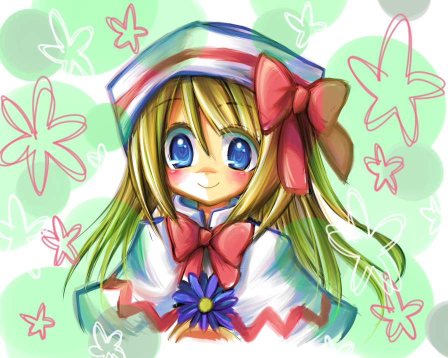 blue_eyes, blush, flower, hat, lily_white, long_hair, smile, subako