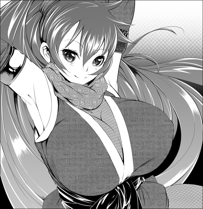 1girl, armpits, breasts, cleavage, elbow_gloves, fishnets, gloves, huge_breasts, ichimatsu_akebi, japanese_clothes, long_hair, monochrome, ninja, scarf, solo