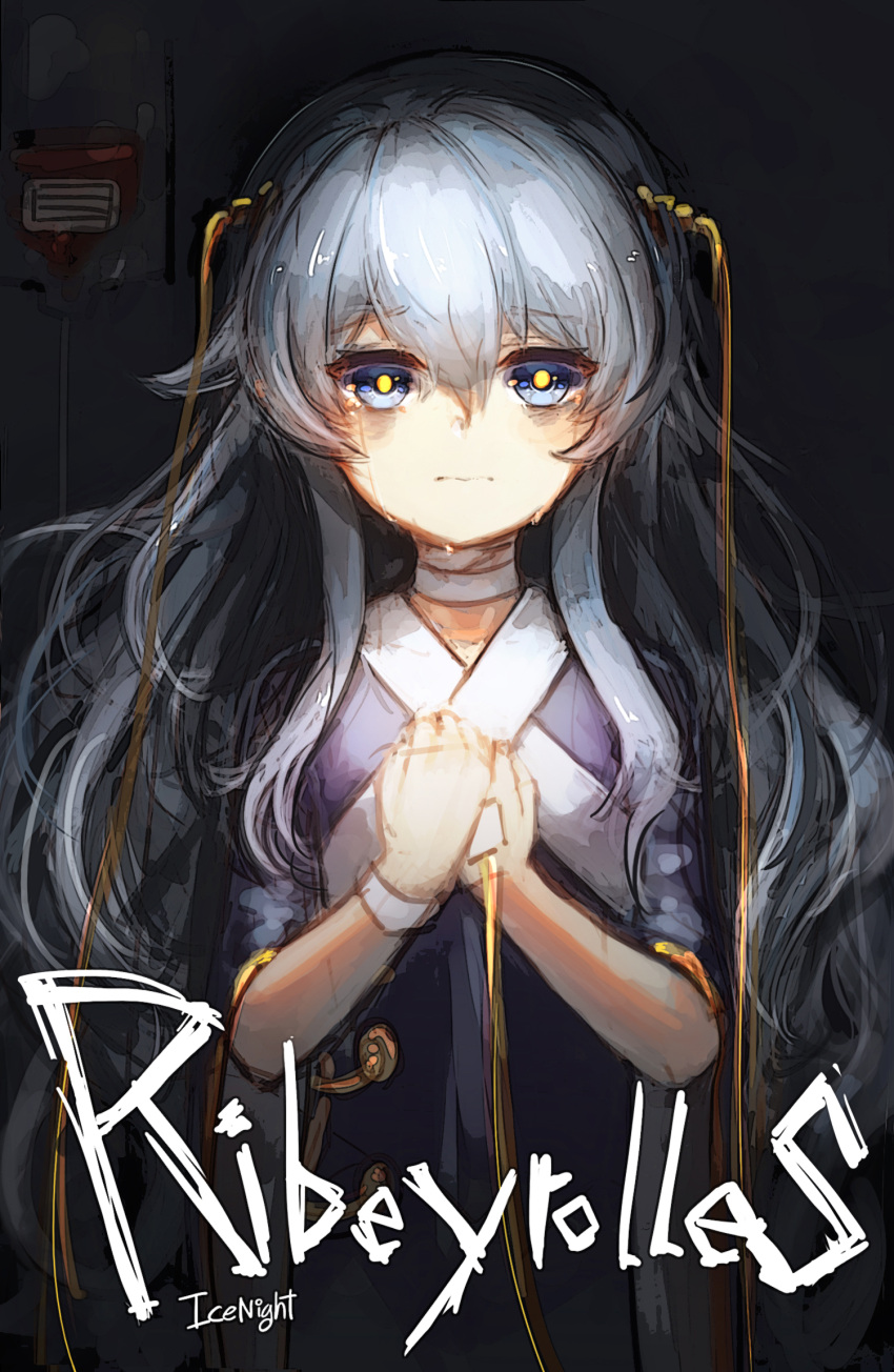 1girl, 3:, artist_name, bags_under_eyes, blood, blood_bag, blue_eyes, blue_hair