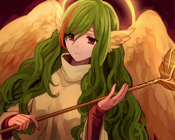 1girl, angel_wings, bangs, breasts, closed_mouth, dress, elona, eyebrows