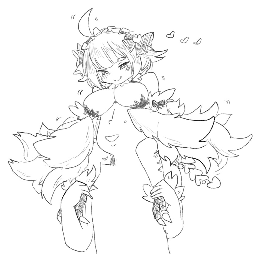 1boy, 1girl, :d, :q, ahoge, bare_shoulders, breasts, carrying, closed_mouth, commentary, eyebrows_visible_through_hair, faceless, faceless_male, greyscale, hairband, harpy, heart, heart-shaped_pupils, highres, jubjub_(monster_girl_encyclopedia), large_breasts, latenight, looking_at_another, looking_down, monochrome, monster_girl, monster_girl_encyclopedia, open_mouth, short_hair, shoulder_carry, simple_background, smile, symbol-shaped_pupils, tongue, tongue_out, white_background, wings
