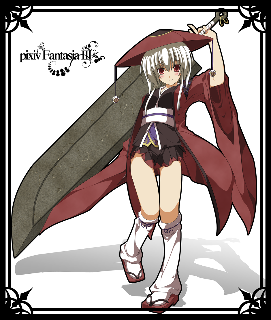 akatsuhara_empire, hat, huge_sword, huge_weapon, japanese_clothes, jingasa, loose_socks, pixiv