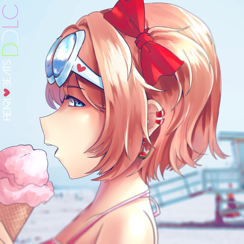 1girl, bare_shoulders, beach, bikini_top, blue_eyes, blurry, blurry_background, bow