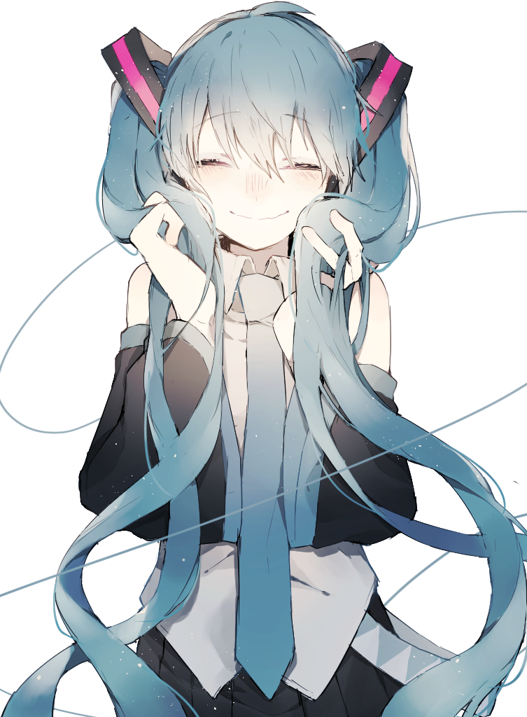 1girl, aqua_hair, black_skirt, closed_eyes, cowboy_shot, detached_sleeves, hatsune_miku, holding