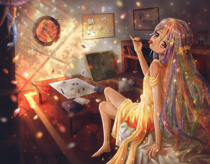 1girl, 3:, absurdres, bangle, barefoot, bayeux_tapestry, black_hair, black_skirt