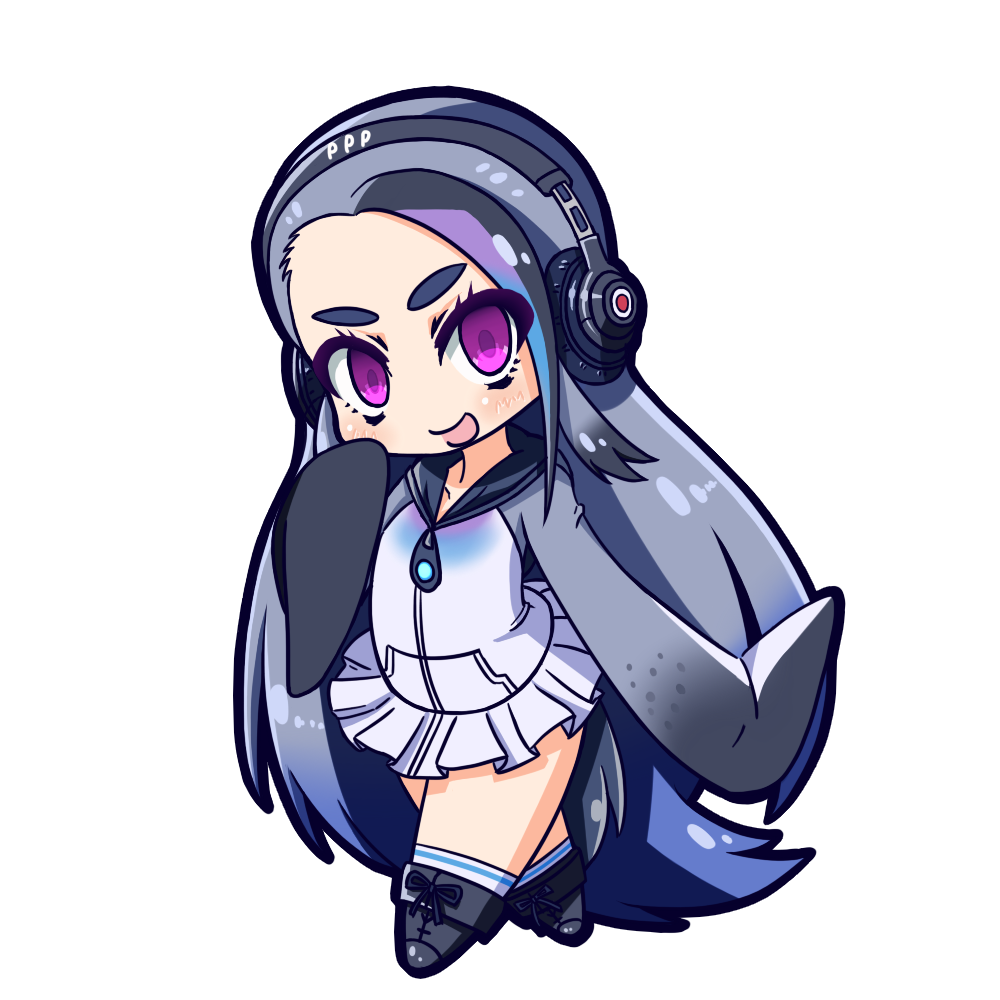1girl, :d, black_hair, blue_hair, blush, chibi, full_body, giant_penguin_(kemono_friends)