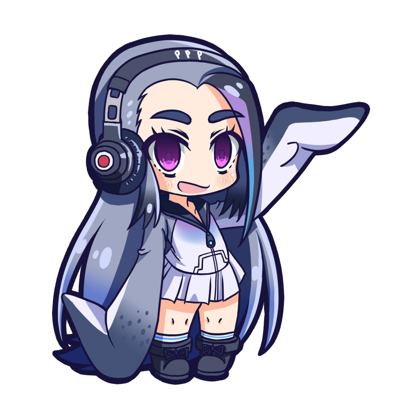 1girl, :d, black_hair, blue_hair, blush, chibi, full_body, giant_penguin_(kemono_friends)