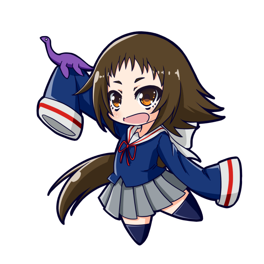 1girl, blue_legwear, blush, bow, brown_hair, chibi, fang, figure