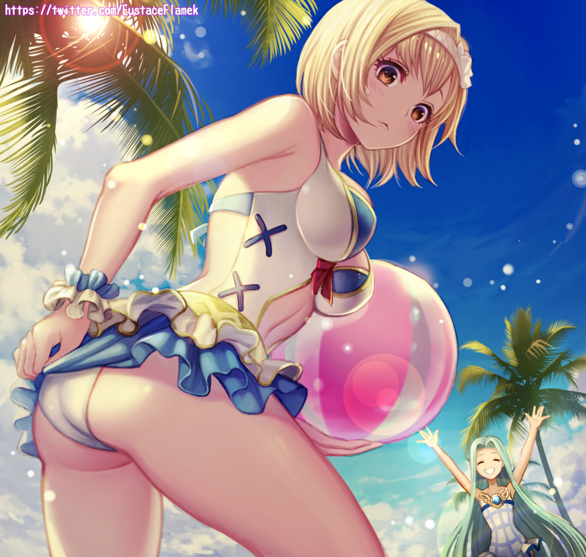 2girls, arms_up, ass, ball, bare_shoulders, beachball, blonde_hair, blue_sky