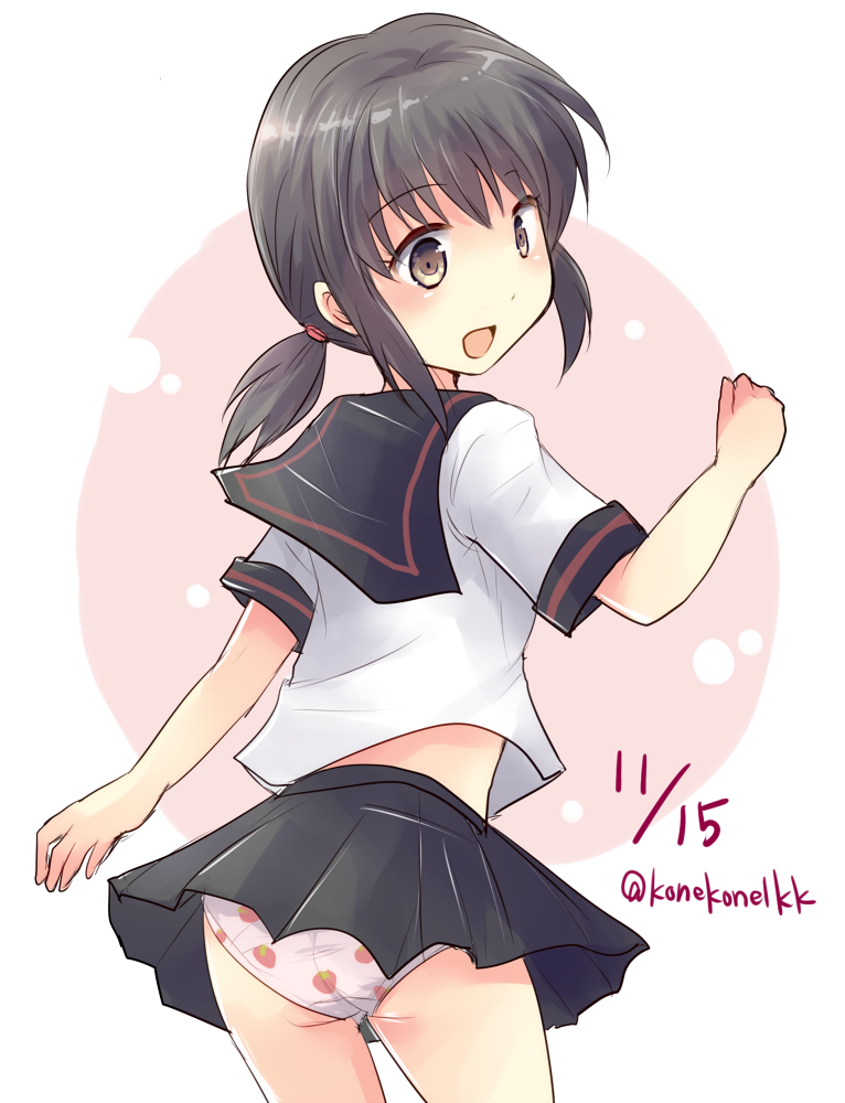 1girl, ass, black_hair, black_sailor_collar, black_skirt, brown_eyes, cowboy_shot, dated, food_print, from_behind, fubuki_(kantai_collection), hirune_(konekonelkk), kantai_collection, looking_at_viewer, looking_back, low_ponytail, open_mouth, panties, pantyshot, pleated_skirt, ponytail, print_panties, remodel_(kantai_collection), school_uniform, serafuku, short_ponytail, sidelocks, skirt, smile, solo, strawberry_panties, strawberry_print, twitter_username, underwear, upskirt