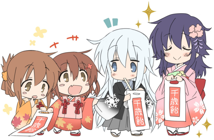 4girls, akatsuki_(kantai_collection), bag, black_hair, blue_eyes, blush_stickers, brown_eyes, brown_hair