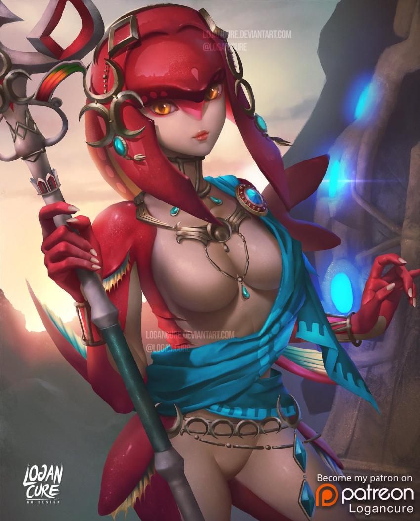 1girl, artist_name, backlighting, breasts, closed_mouth, cowboy_shot, crescent, fingernails, fins, fish_girl, gills, glowing, hair_ornament, headpiece, highres, holding, holding_spear, holding_weapon, jewelry, lips, logan_cure, long_hair, looking_at_viewer, medium_breasts, mipha, monster_girl, multicolored, multicolored_skin, neck_ring, necklace, no_eyebrows, one_breast_out, outdoors, patreon_logo, polearm, red_skin, redhead, sash, sky, solo, spear, standing, sunlight, the_legend_of_zelda, the_legend_of_zelda:_breath_of_the_wild, water, watermark, weapon, web_address, yellow_eyes, zora