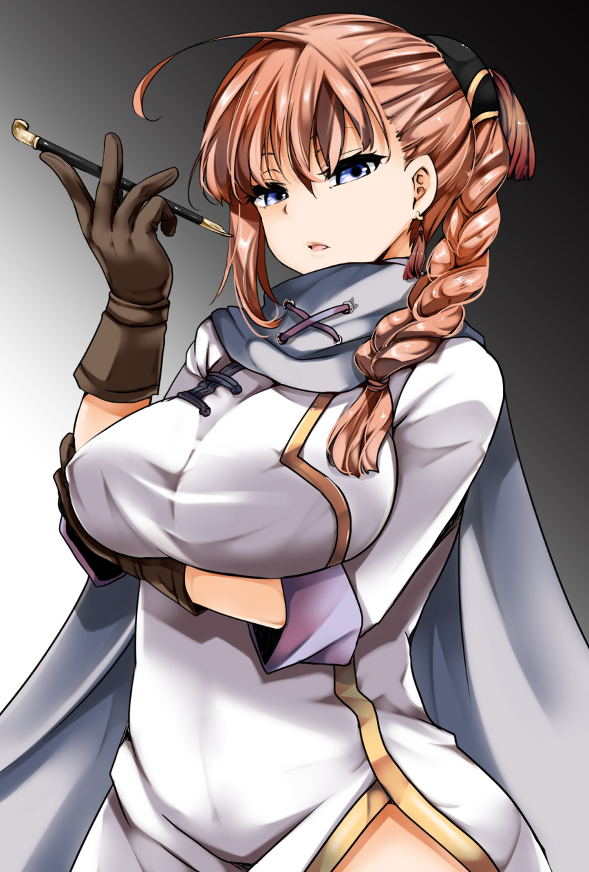 1girl, ahoge, blue_eyes, braid, breasts, brown_hair, bun_cover, gintama