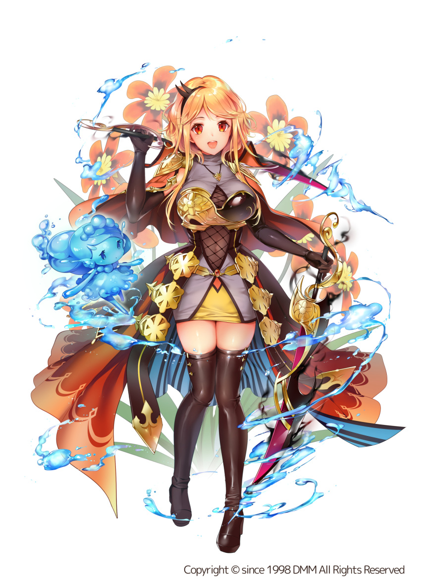 1girl, :d, absurdres, armor, armored_dress, black_footwear, black_gloves, blonde_hair, boots, breasts, cape, dual_wielding, elbow_gloves, flower, flower_knight_girl, full_body, gloves, highres, holding, holding_sword, holding_weapon, hydrokinesis, jewelry, large_breasts, looking_at_viewer, mg_kurino, miniskirt, necklace, object_namesake, official_art, open_mouth, orange_cape, over_shoulder, rapier, red_eyes, short_hair, skirt, smile, solo, sparaxis_(flower_knight_girl), standing, sword, thigh-highs, thigh_boots, water, weapon, white_background