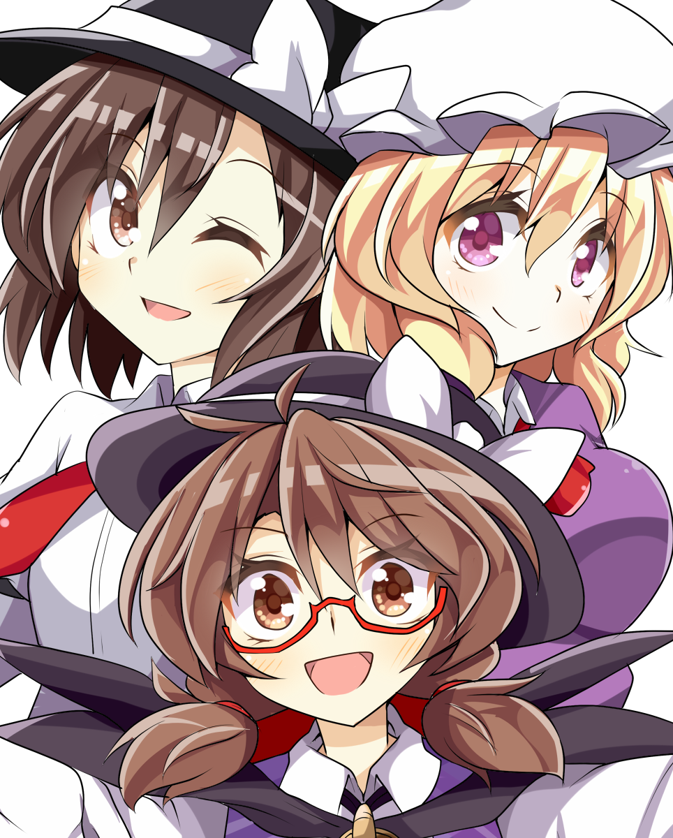 3girls, aki_chimaki, blonde_hair, bow, brown_eyes, brown_hair, commentary_request, fedora