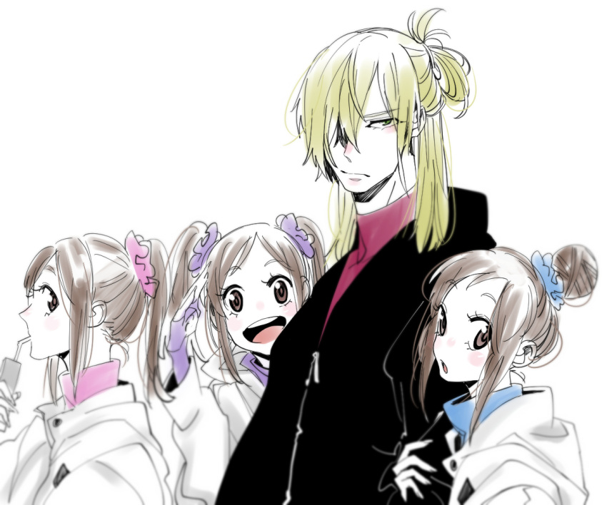 1boy, 3girls, :d, blonde_hair, brown_eyes, brown_hair, con_potata, drinking_straw