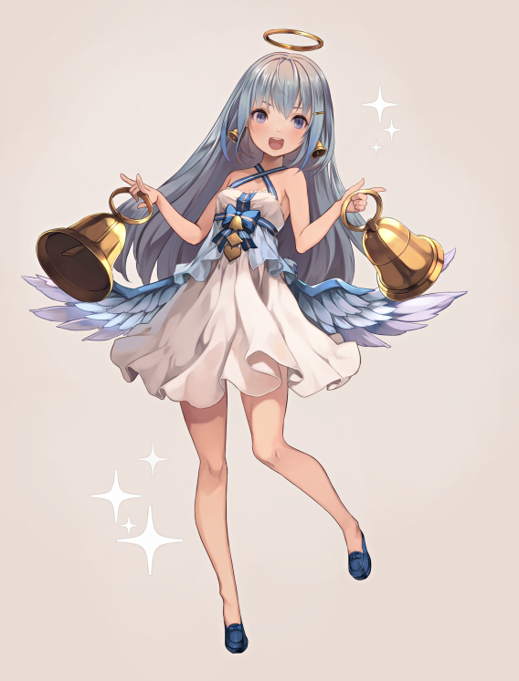 1girl, :d, bangs, bare_legs, beige_background, bell, bellringer_angel, blue_hair, blue_wings, blush, criss-cross_halter, dress, feathered_wings, full_body, hair_ornament, hairclip, halo, halterneck, long_hair, looking_at_viewer, open_mouth, riku_(wana), shadowverse, sidelocks, simple_background, smile, solo, white_dress, wings
