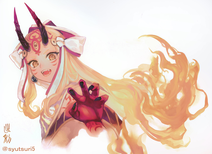 1girl, blonde_hair, brown_eyes, claw_pose, facial_tattoo, fangs, fate/grand_order, fate_(series)