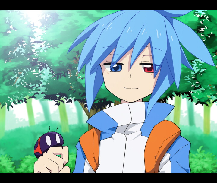 1boy, blue_eyes, blue_hair, closed_mouth, eyebrows_visible_through_hair, heterochromia, komeichou-69, ladybug