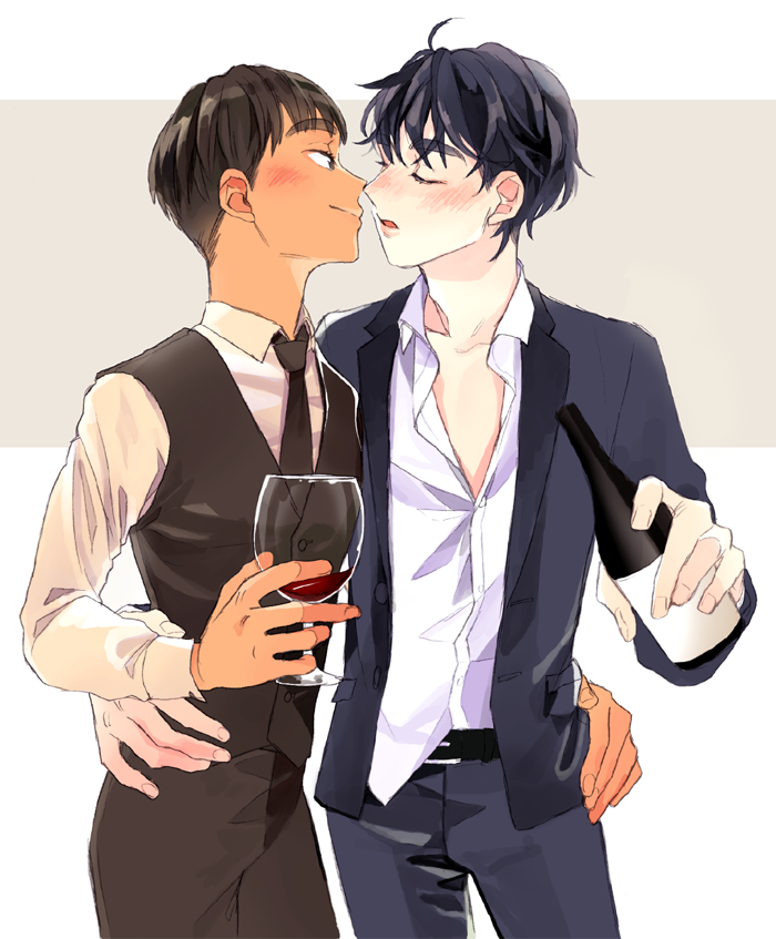 2boys, black_hair, blush, bottle, closed_eyes, cup, dark_skin, dark_skinned_male