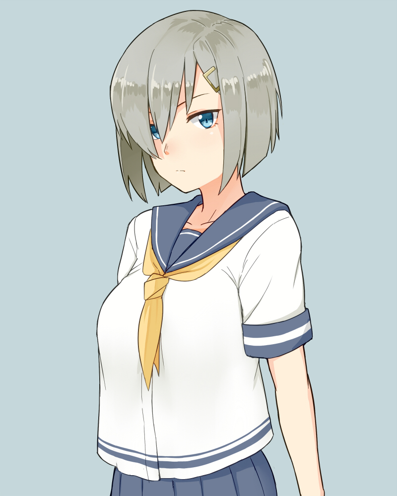 1girl, blue_background, blue_eyes, breasts, grey_hair, hair_ornament, hair_over_one_eye, hairclip