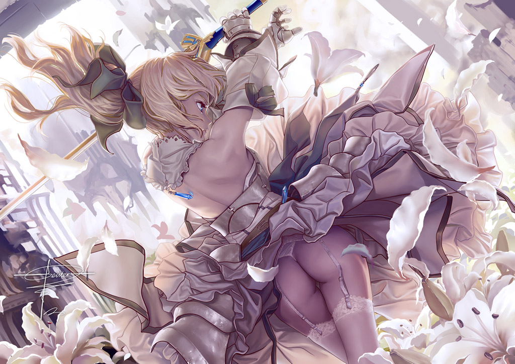 1girl, artoria_pendragon_(all), ass, back, blonde_hair, blue_eyes, dutch_angle, excalibur