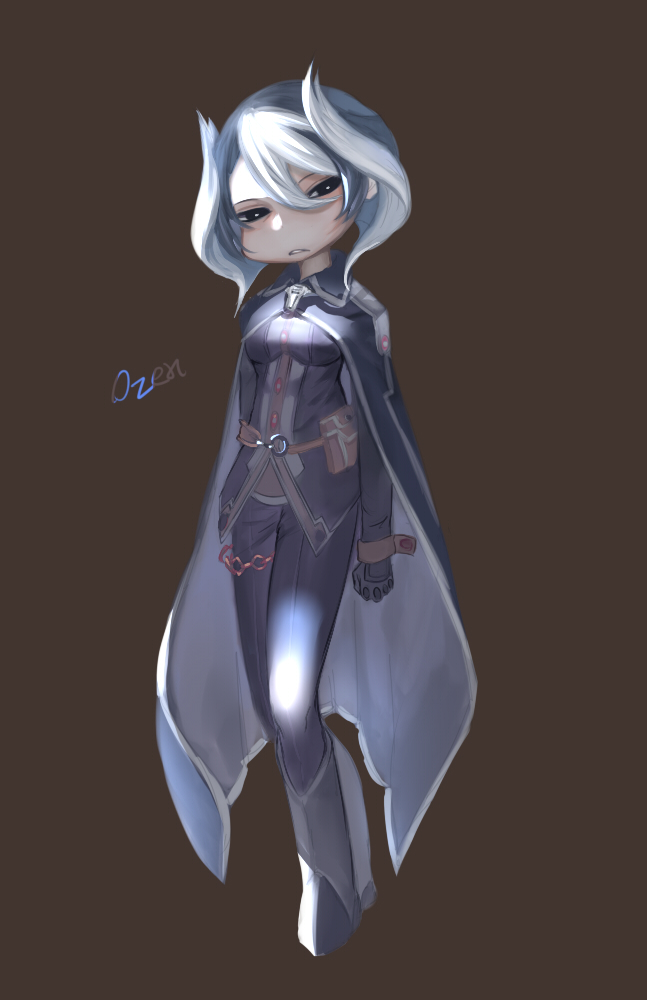 1girl, black_eyes, black_hair, boots, breasts, brown_background, cape, character_name