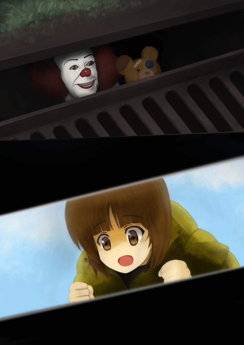 1girl, 2koma, :d, bandaid, bangs, boko_(girls_und_panzer), brown_eyes, brown_hair