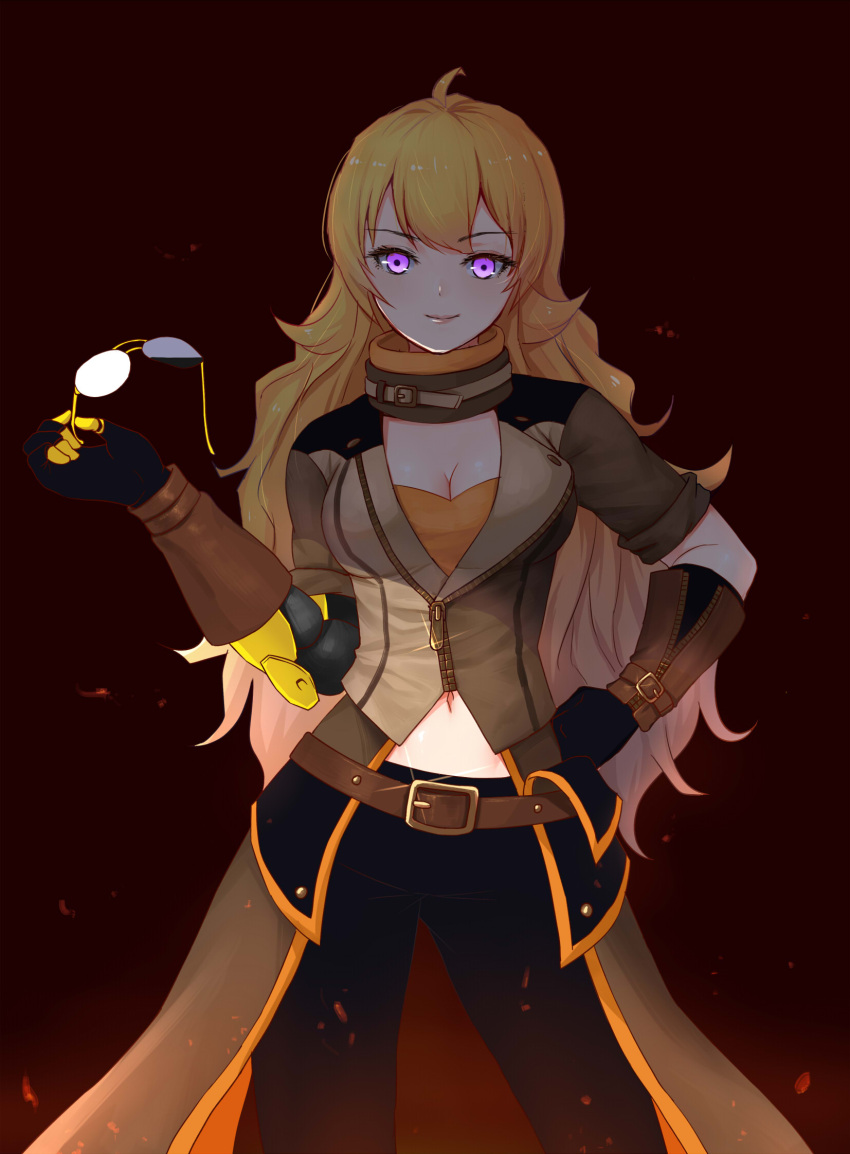 1girl, belt, blonde_hair, breasts, cleavage, collar, embers, eyewear_removed